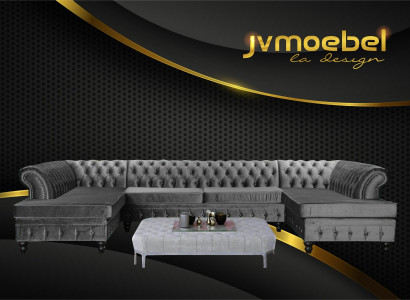 Set Luxury Modern Ecksofa U-Form Chesterfield und Couchtisch Wohnzimmer Textil