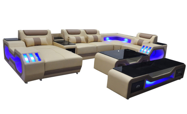 Leder Sofas Eck Garnitur Design Sofa Wohnlandschaft + Couch Tisch + RTV USB Neu