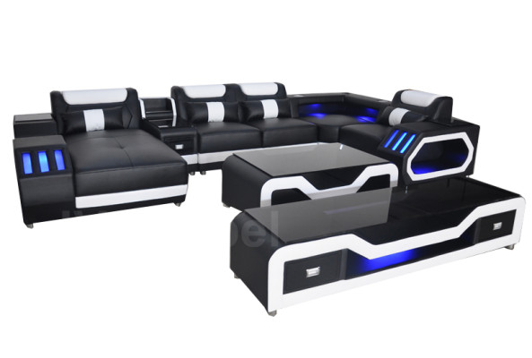 Leder Sofas Eck Garnitur Design Sofa Wohnlandschaft + Couch Tisch + RTV USB Neu