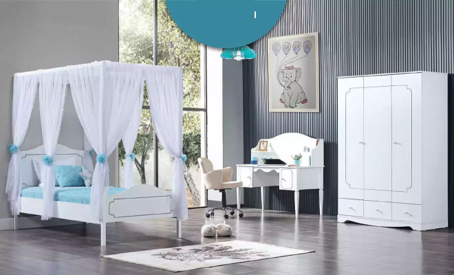 Kinderzimmer Schlafzimmer Bett Himmelbett 100x200cm Weiß Holz Betten