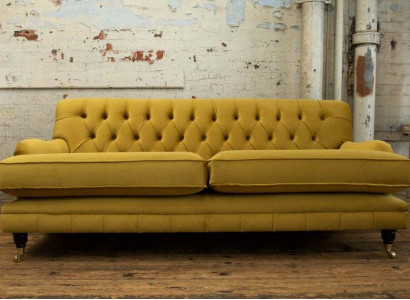Gelbe Chesterfield Stoff Polster Dreisitzer Wohnzimmer Couch Design