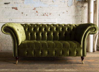 Klassische Sofa 2 Sitzer Chesterfield Couch Textil Samt Kristalle Grün Samt Neu