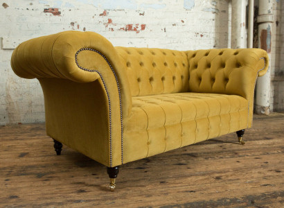 Chesterfield Sofa 2 Sitzer Polster Designer Couchen Sofas Garnitur Gelb Samt Neu