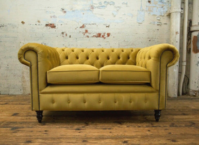 Chesterfield Sofa 2 Sitz Polster Couchen Couch Dreisitzer Gelb Sofas Samt Neu
