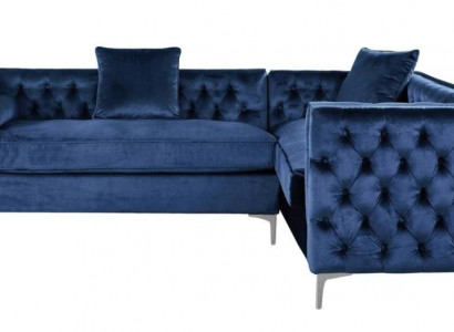 Ecksofa Blau Chesterfield Couch Eckgarnitur Polster Samt Stoff Ecke Möbel Design