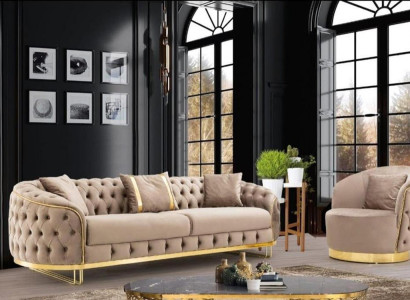 Designer Wohnzimmer Set 3-Sitzer Sofa und Sessel Beige Farbe 2tlg. neu