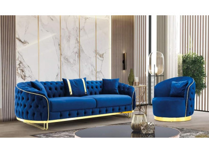 Designer Blau Farbe Wohnzimmer Set aus 3-Sitzer Sofa und Sessel 2tlg.