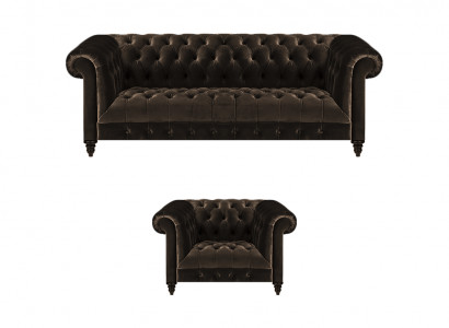 Braune Chesterfield Polster Garnitur Designer 3-Sitzer Textil Sessel 2tlg