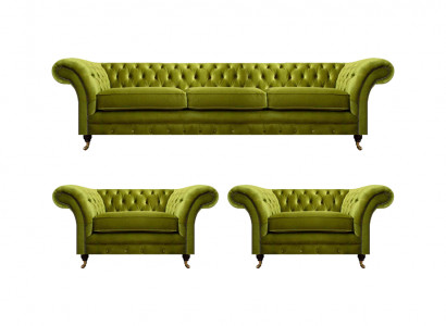Olivengrüne Wohnzimmer Garnitur Chesterfield Polstercouch 2x Sessel 3tlg