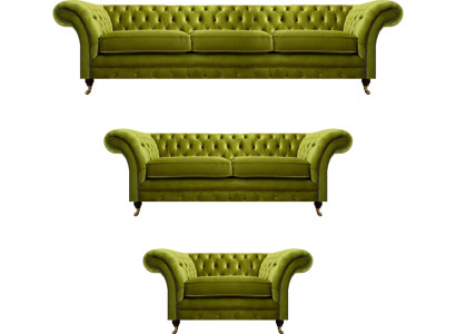 Olivengrüne Chesterfield Garnitur Wohnzimmer Sofagarnitur Luxus Set 3tlg