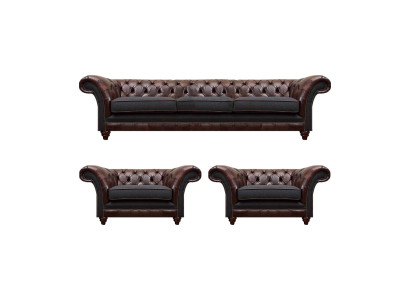 Braun-Graue Chesterfield Sitzgarnitur 2x Ledersessel Dreisitzer 3tlg Set