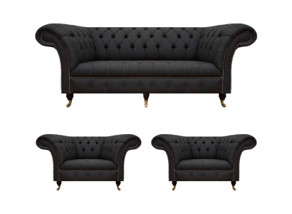 Moderne Chesterfield Schwarze Garnitur Designer 2x Textilsessel 3-Sitzer