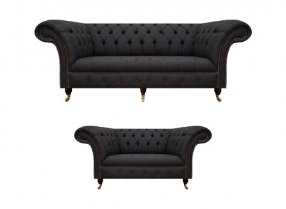 Komplett Schwarze Chesterfield Garnitur Designer Dreisitzer Moderner 2-er