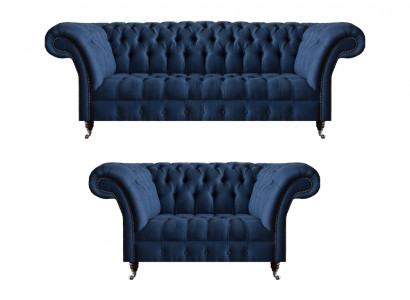 Blaue Sofagarnitur Chesterfield Textil Couchen Dreisitzer Zweisitzer 2tlg