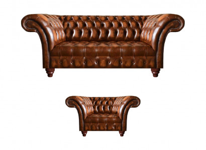 Luxuriöse Chesterfield Wohnzimmer Sitzgarnitur Ledersessel 3-Sitzer 2tlg