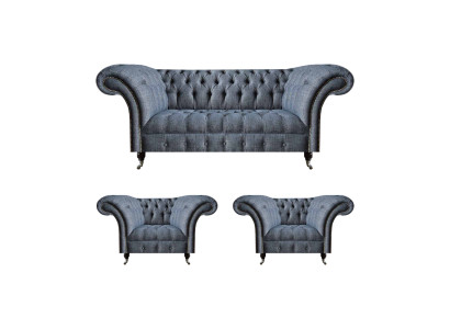 Chesterfield Garnitur Graue Polster Sitzmöbel 2x Lehnsessel Dreisitzer