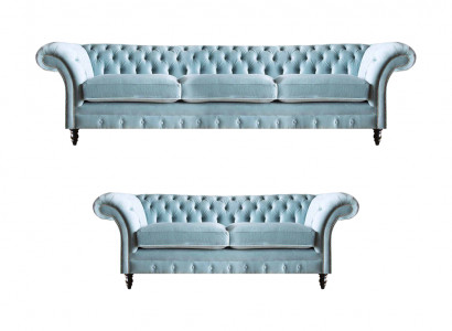 Stilvolle Hellblaue Chesterfield Designer Garnitur Dreisitzer 2-Sitzer Stilvolle Hellblaue Chesterfield Designer Garnitur Dreisitzer 2-Sitzer