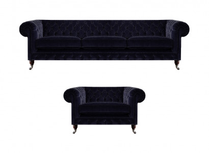 Luxuriöse Chesterfield Sofas Dunkelblauer Textil Dreisitzer Edler Sessel