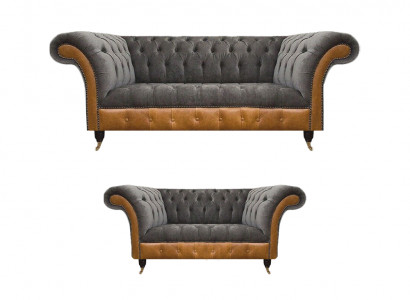 Hellgrau-Braune Chesterfield Sofa Set Edle Sitzmöbel Moderne Garnitur