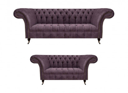 Komplette Chesterfield Lila Sitzgarnitur 2x Sofas Dreisitzer 2-Sitzer