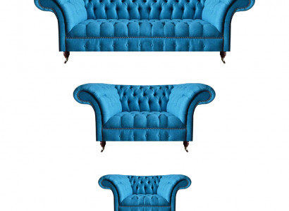 Chesterfield Hellblaue Designer Sitzmöbel Edler 3-Sitzer Zweisitzer 3tlg