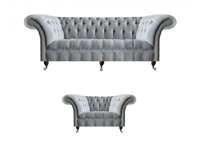 Komplette Graue Chesterfield Sitzmöbel Edler Lenhsessel 3-Sitzer Couch