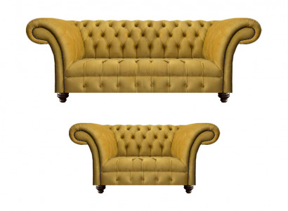 Designer Wohnzimmer Modern Gelb Sofagarnitur Set 2x Sofas Chesterfield