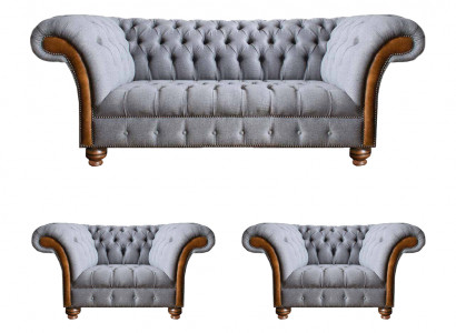 Hellgraue Chesterfield Luxus Garnitur Wohnzimmer 3-Sitzer Couch Sessel