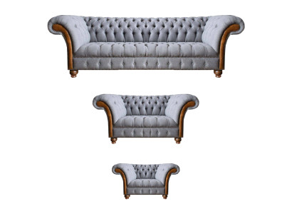 Chesterfield Hellgraue Polster Sofagarnitur Textil Designer 3tlg Set