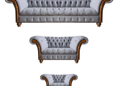 Chesterfield Hellgraue Polster Sofagarnitur Textil Designer 3tlg Set