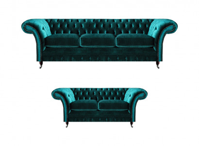 Grüne Chesterfield Polstersofas Wohnzimmer 2x Sofas Zweisitzer 3-Sitzer