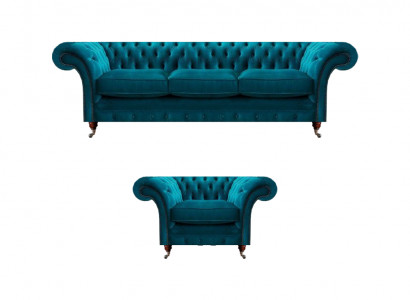 Hellblaue Chesterfield Polstergarnitur Designer 3-Sitzer Sofa Sessel