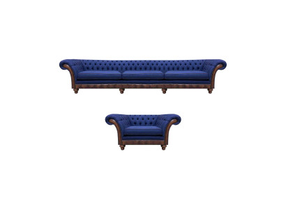 Blaue Chesterfield Polstermöbel Designer 3-Sitzer Sofa Stoffsessel 2tlg