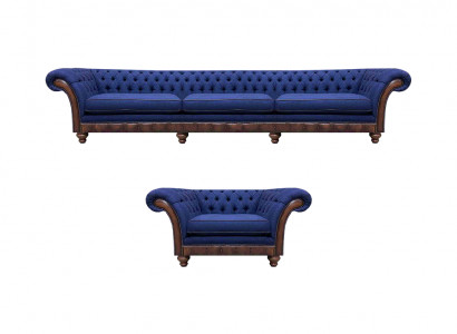 Blaue Chesterfield Polstermöbel Designer 3-Sitzer Sofa Stoffsessel 2tlg