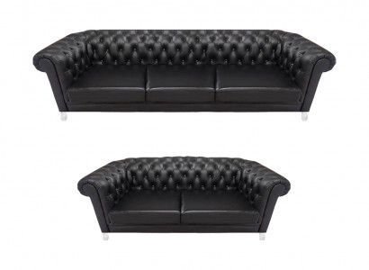 Schwarze Chesterfield Kunstleder Sofas Moderne Wohnzimmer Garnitur 2tlg