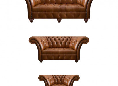 Moderne Chesterfield Ledersofas Designer Lehnsessel Zweisitzer 3tlg Set