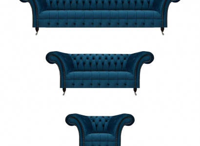 Luxuriöse Chesterfield Blaue Polstergarnitur Designer Textilsofas Sessel
