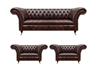 Luxus Braune Chesterfield Ledermöbel Designer Dreisitzer 2x Sessel 3tlg