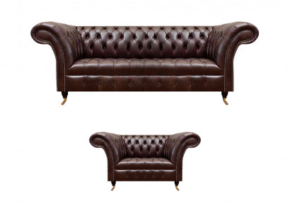 Luxuriöses Braunes Chesterfield Lederset Designer 3-Sitzer Sessel 2tlg