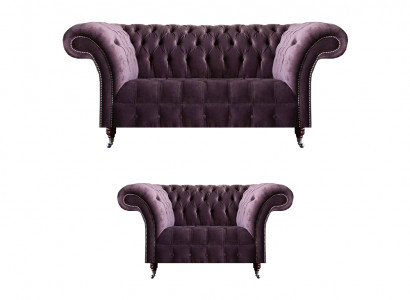 Komplette Lila Chesterfield Sitzgarnitur Textil Dreisitzer 2-Sitzer 2tlg