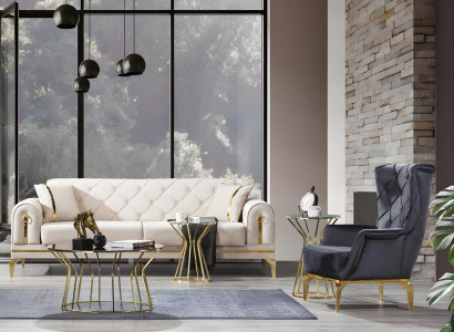 Exklusive Chesterfield Couchgarnitur Weißer Dreisitzer Grauer Sessel