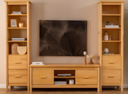 Luxuriöse Beige Wohnzimmer Garnitur RTV-Ständer 2x Holz Vitrinen 3tlg