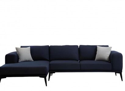 Ecksofa L-Form Dunkelblau Einfarbig Textil Material mit Kissen Wohnzimmer