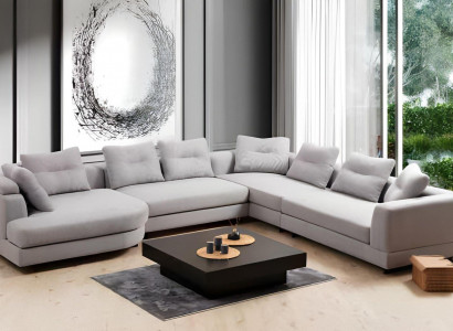 U-Form Wohnzimmer Ecksofa L-Form Modern Design Stil Textil Material Weiß