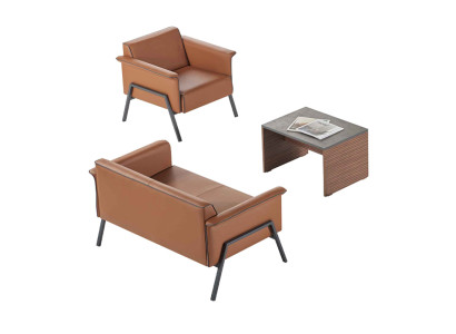 Braune Bürogarnitur Designer Holz Tisch Einzelsitzer Zweisitzer Möbel