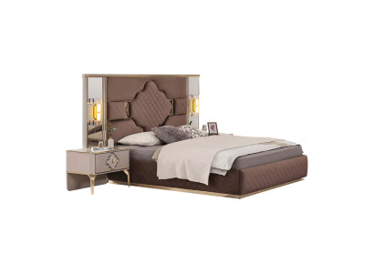 Braun-Beige Exklusive Schlafzimmer Garnitur Doppelbett 2x Nachttische