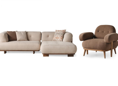 Schicke Beige-Braune Sofagarnitur Stilvolles Ecksofa Textilsessel 2tlg