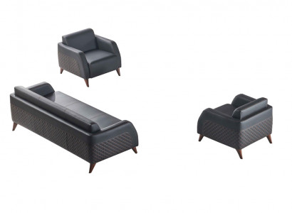 Sitzmöbel 3-Sitzer 2x Sessel Schwarz Lehnsessel Couch Set Modern Leder