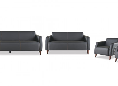 Komplett-Set Sitzmöbel 3-Sitzer 2-Sitzer Sessel Schwarz Moder Leder Holz