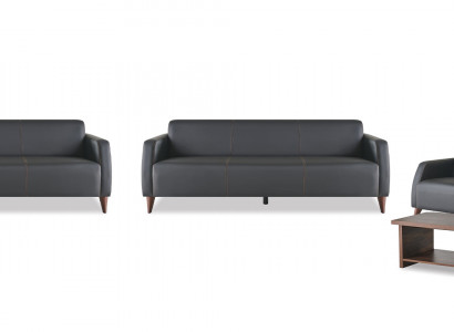Komplett-Set Ledersofa Schwarz 3-Sitzer Sessel Couchtisch Holz Leder 4tlg.